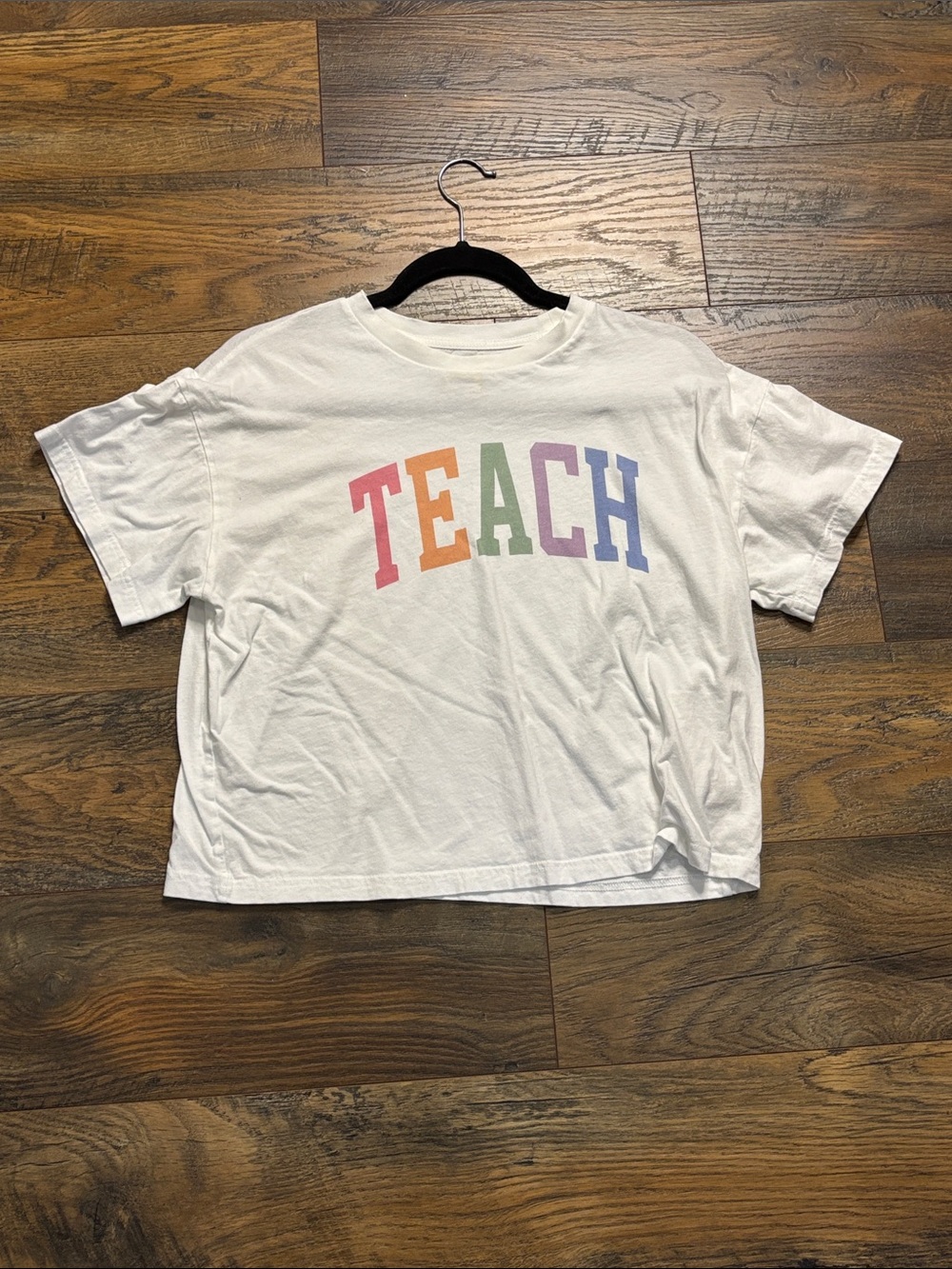 White Short Sleeve 'TEACH' Graphic Tee - Rainbow Letters